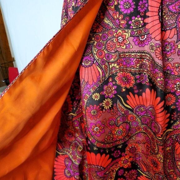 Vintage 60s Floral Mod Maxi Dress 6* Sleeveless Hostess Psychedelic Black Orange - Picture 4 of 7